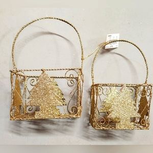 Set of 2 Glittery Gold Christmas Tree Baskets